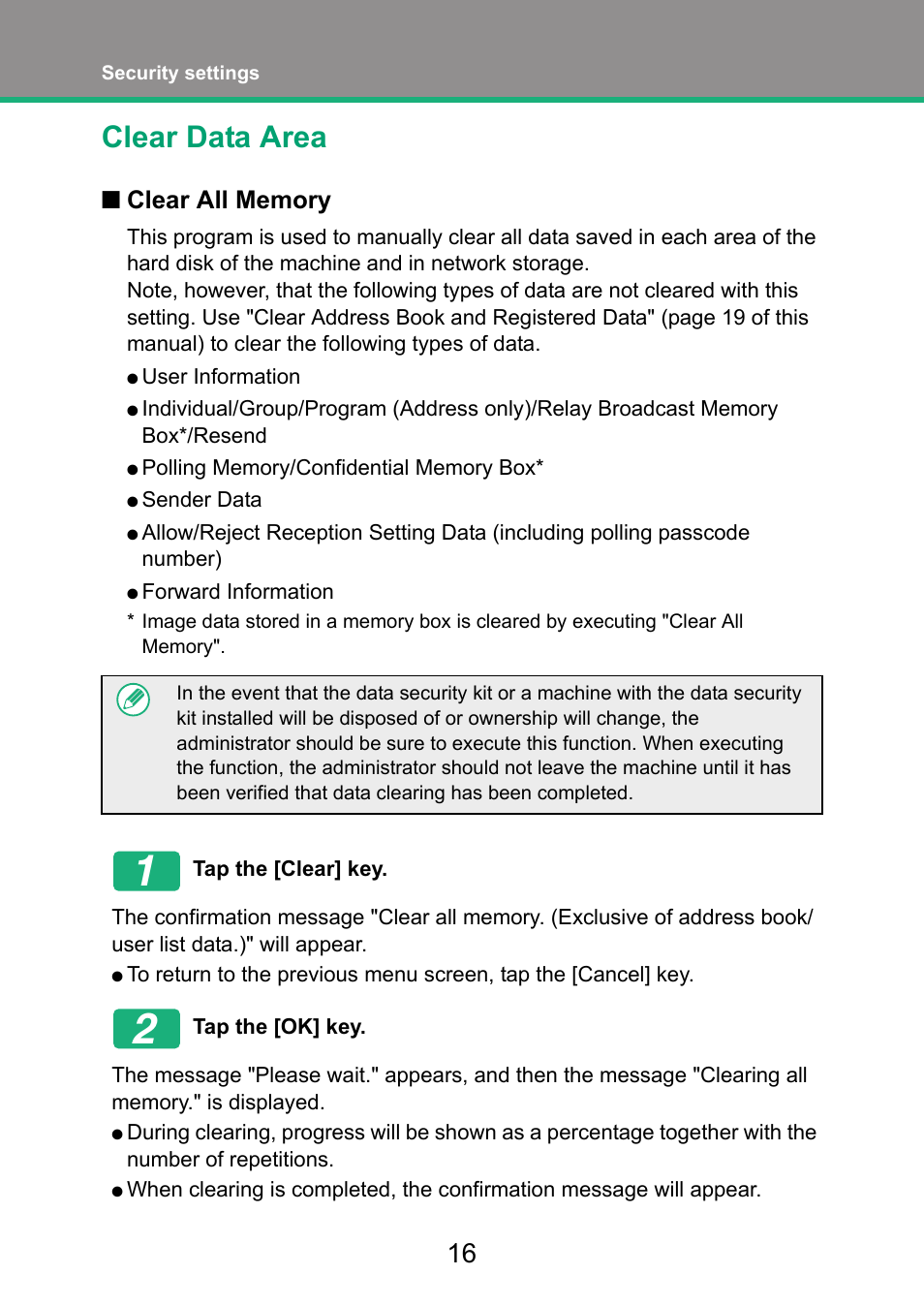 Clear data area, Clear all memory | Sharp MX-FR52U User Manual | Page 18 / 39