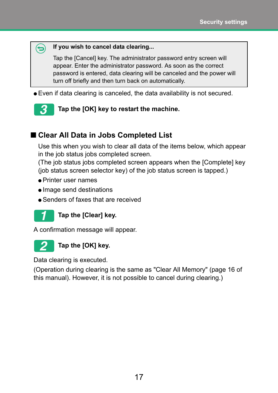 Clear all data in jobs completed list | Sharp MX-FR52U User Manual | Page 19 / 39