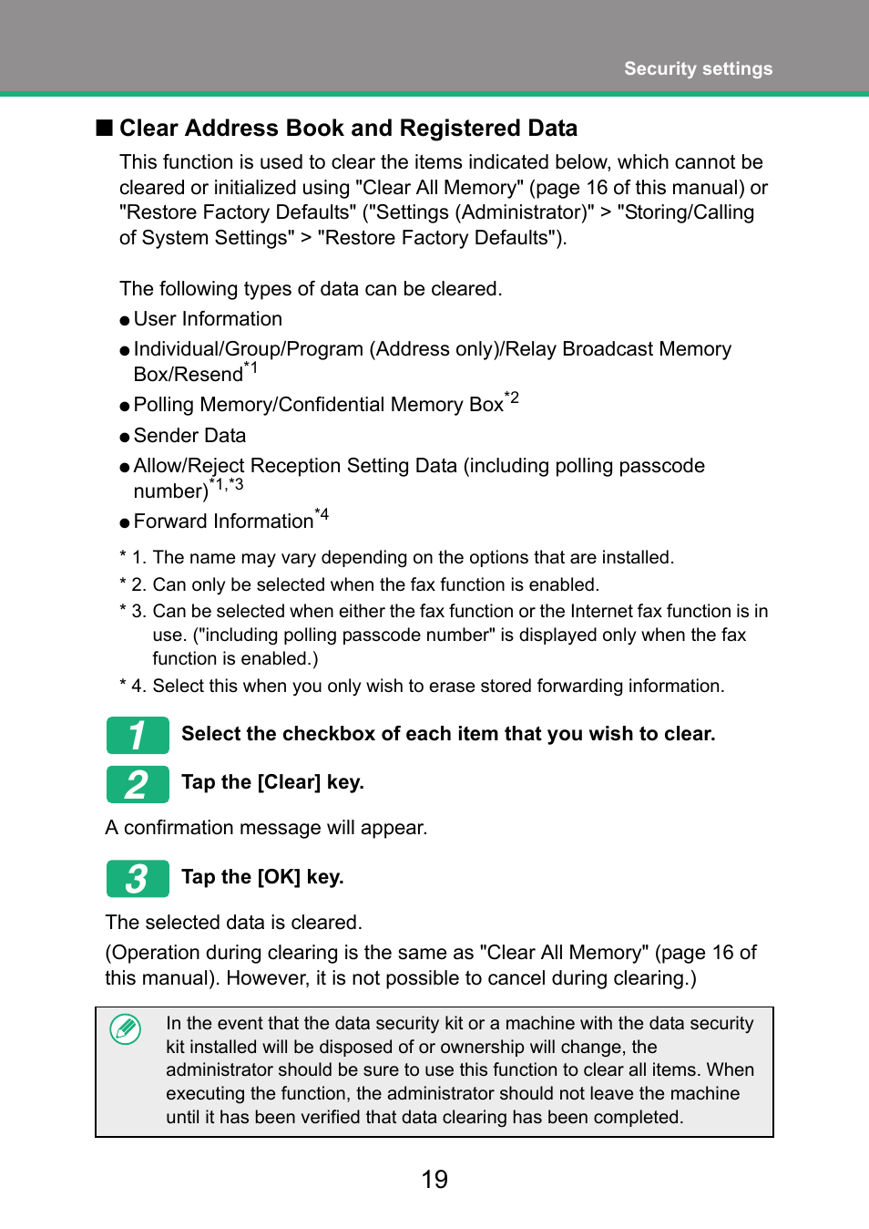 Clear address book and registered data, Age 19 of this, Nclear address book and registered data | Sharp MX-FR52U User Manual | Page 21 / 39