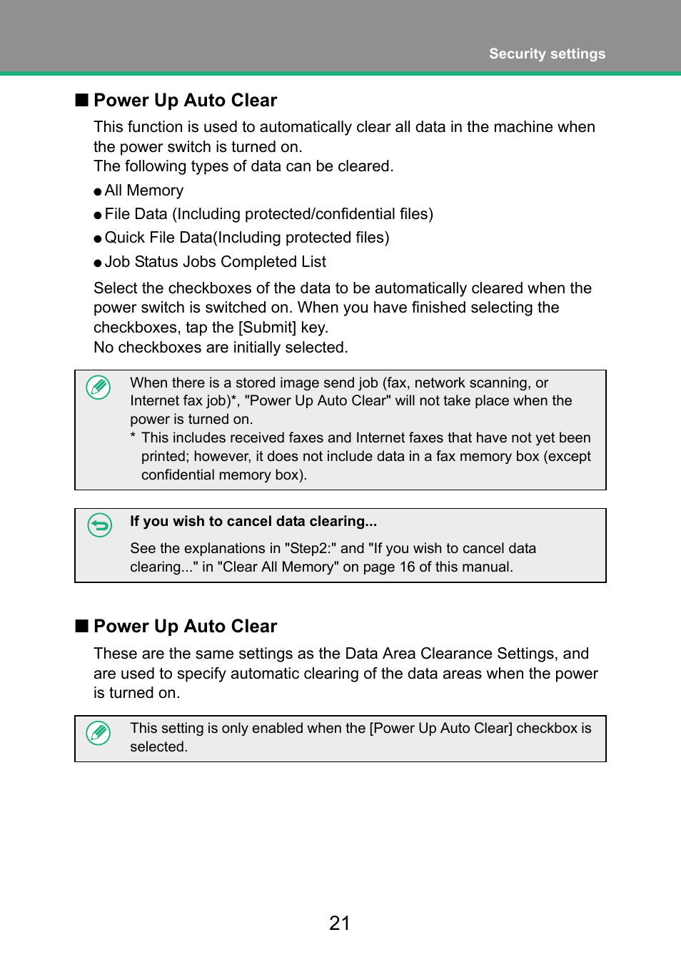 Power up auto clear, Npower up auto clear | Sharp MX-FR52U User Manual | Page 23 / 39