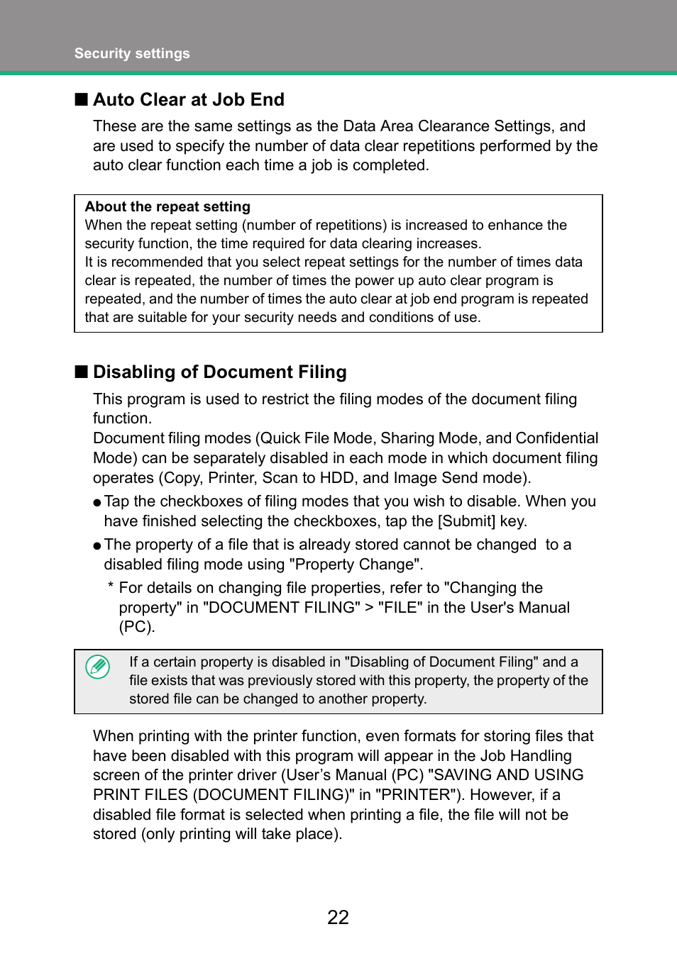 Auto clear at job end, Disabling of document filing | Sharp MX-FR52U User Manual | Page 24 / 39