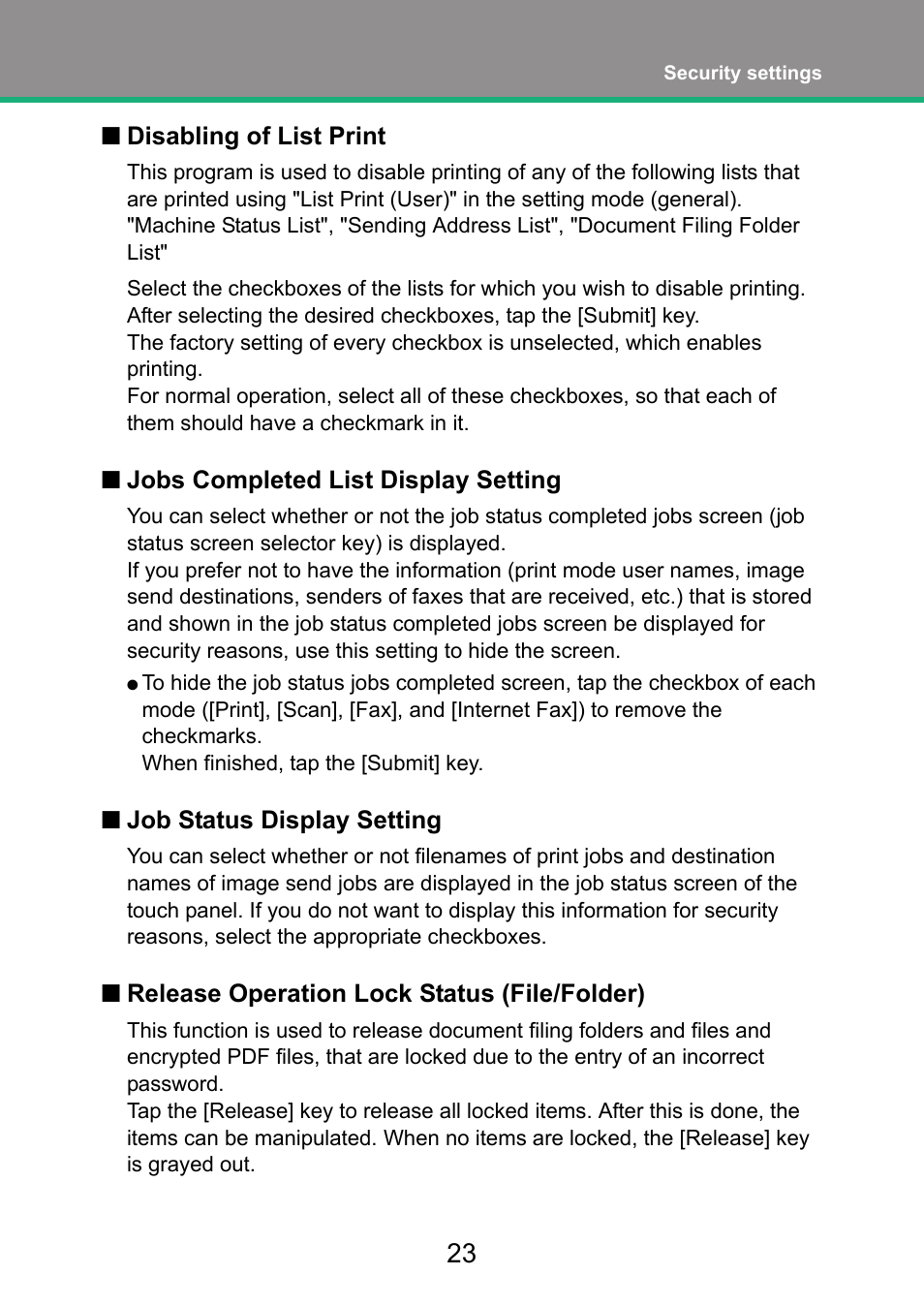 Disabling of list print, Jobs completed list display setting, Job status display setting | Release operation lock status (file/folder) | Sharp MX-FR52U User Manual | Page 25 / 39