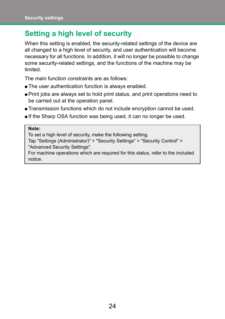 Setting a high level of security | Sharp MX-FR52U User Manual | Page 26 / 39