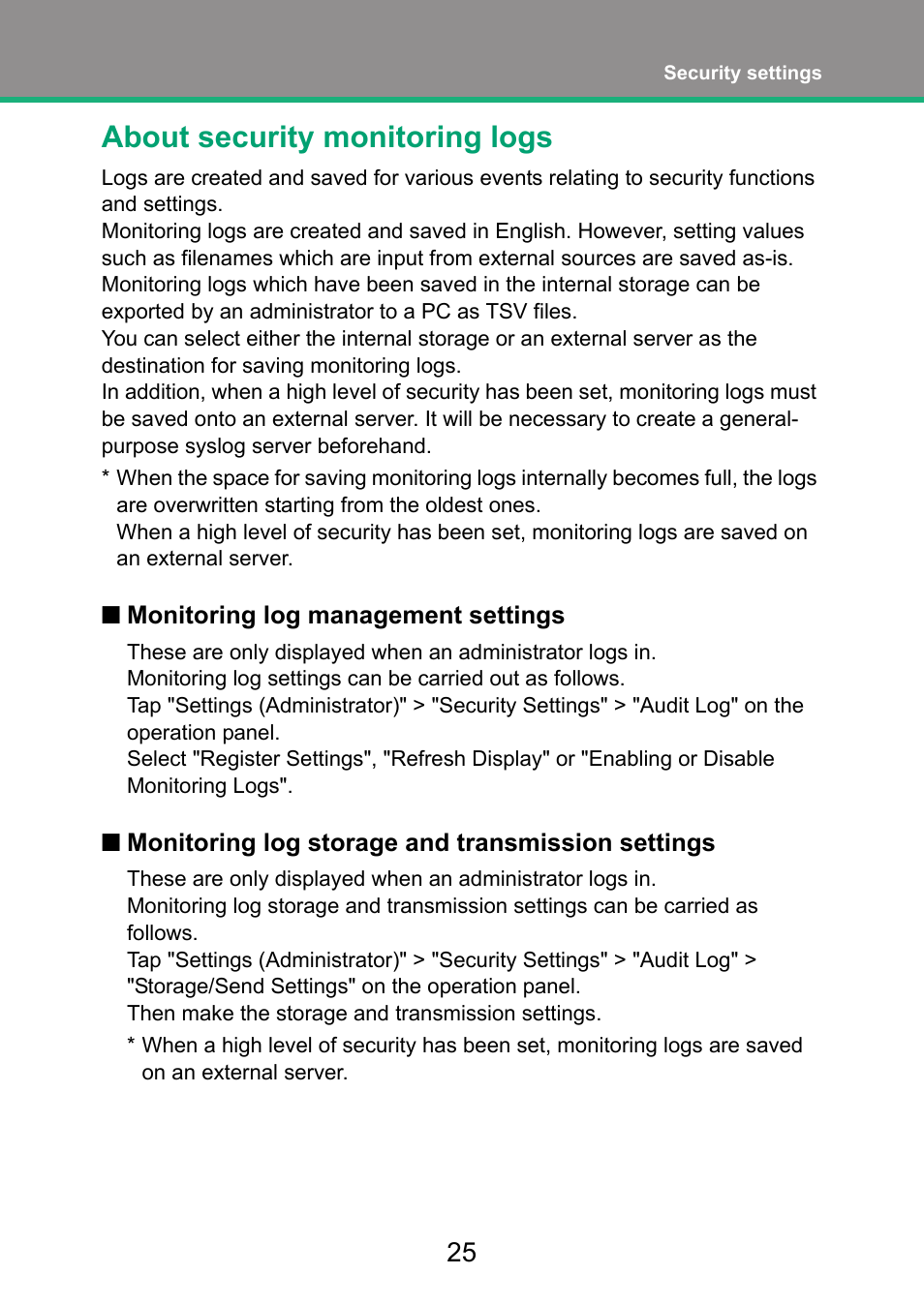 About security monitoring logs | Sharp MX-FR52U User Manual | Page 27 / 39