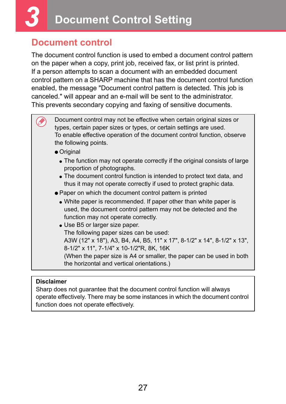 Document control setting, Document control | Sharp MX-FR52U User Manual | Page 29 / 39