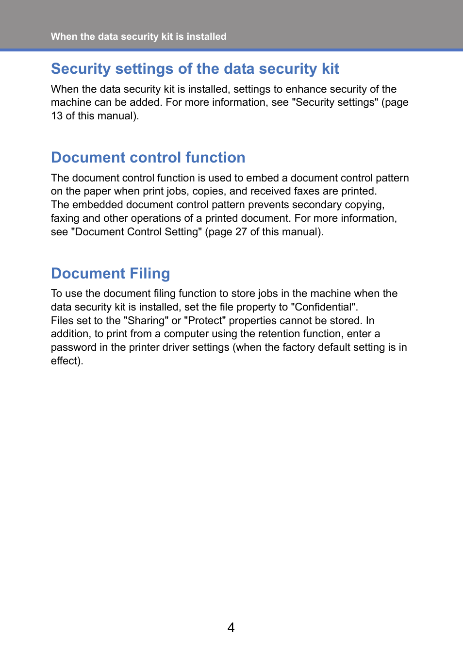 Security settings of the data security kit, Document control function, Document filing | Sharp MX-FR52U User Manual | Page 6 / 39