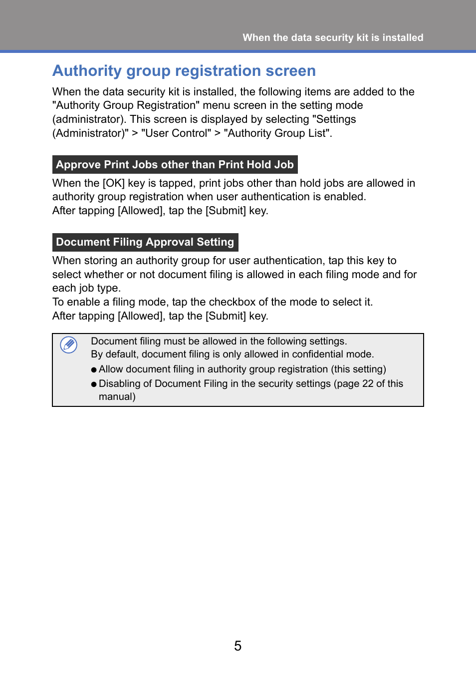 Authority group registration screen | Sharp MX-FR52U User Manual | Page 7 / 39