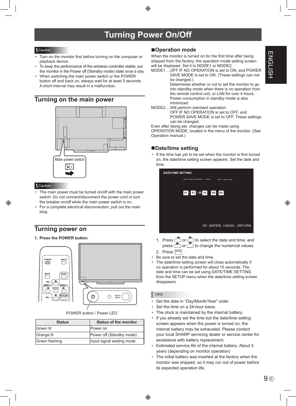 Turning power on/off, English, Turning on the main power | Turning power on, Noperation mode, Ndate/time setting | Sharp PN-60TW3 User Manual | Page 11 / 56