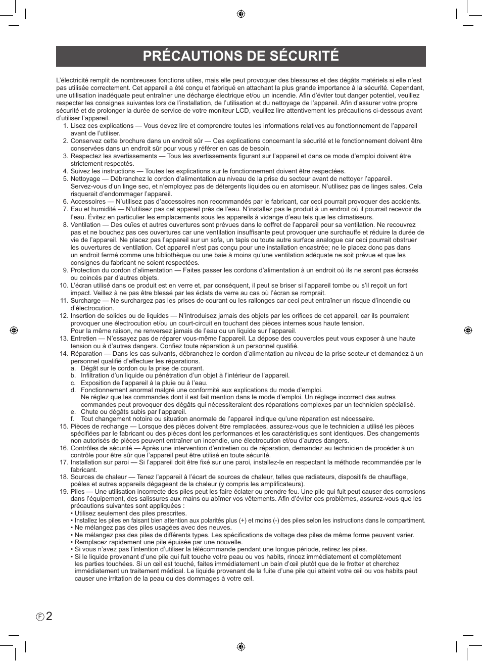 Précautions de sécurité | Sharp PN-60TW3 User Manual | Page 14 / 56