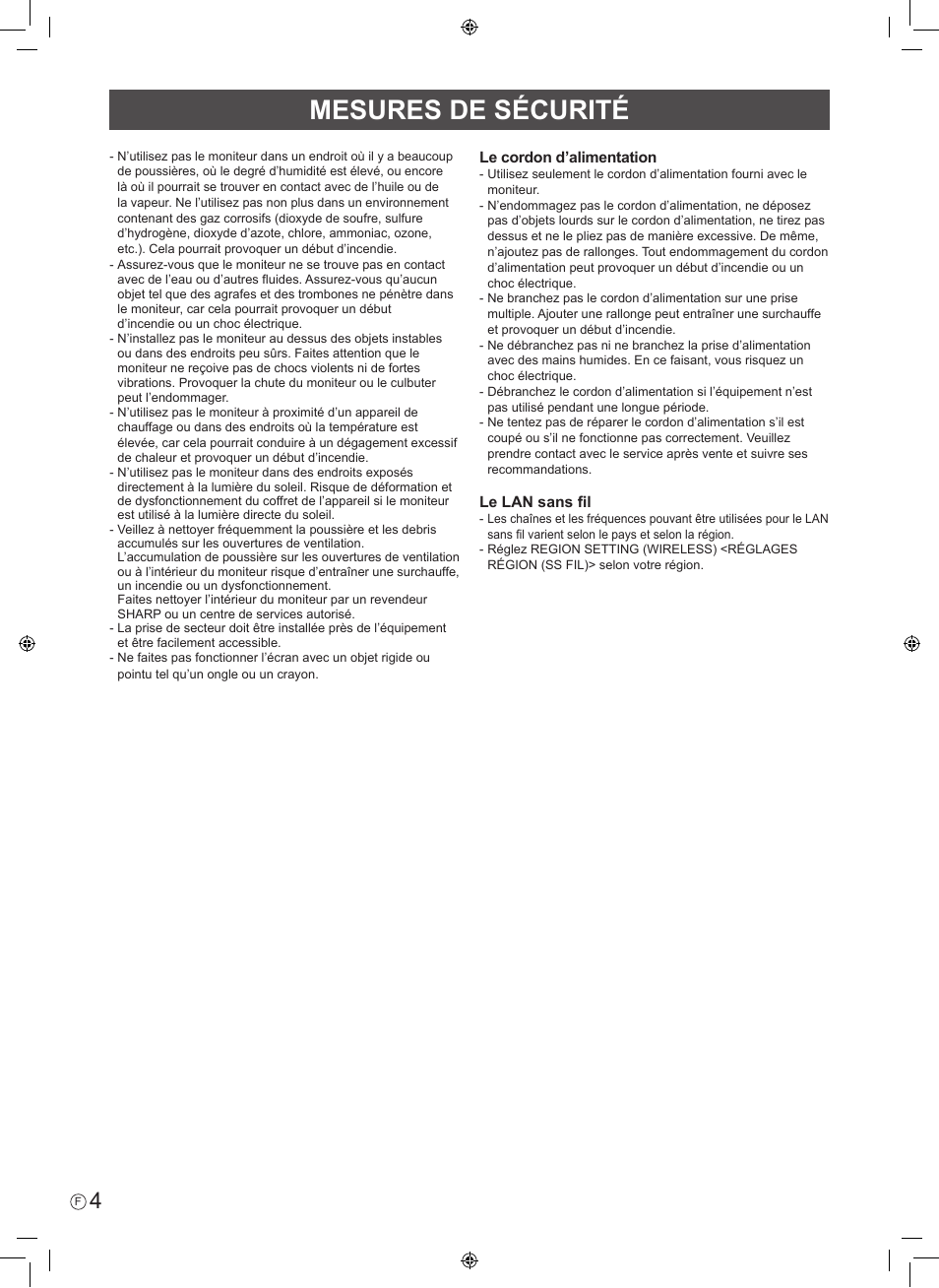 Mesures de sécurité | Sharp PN-60TW3 User Manual | Page 16 / 56