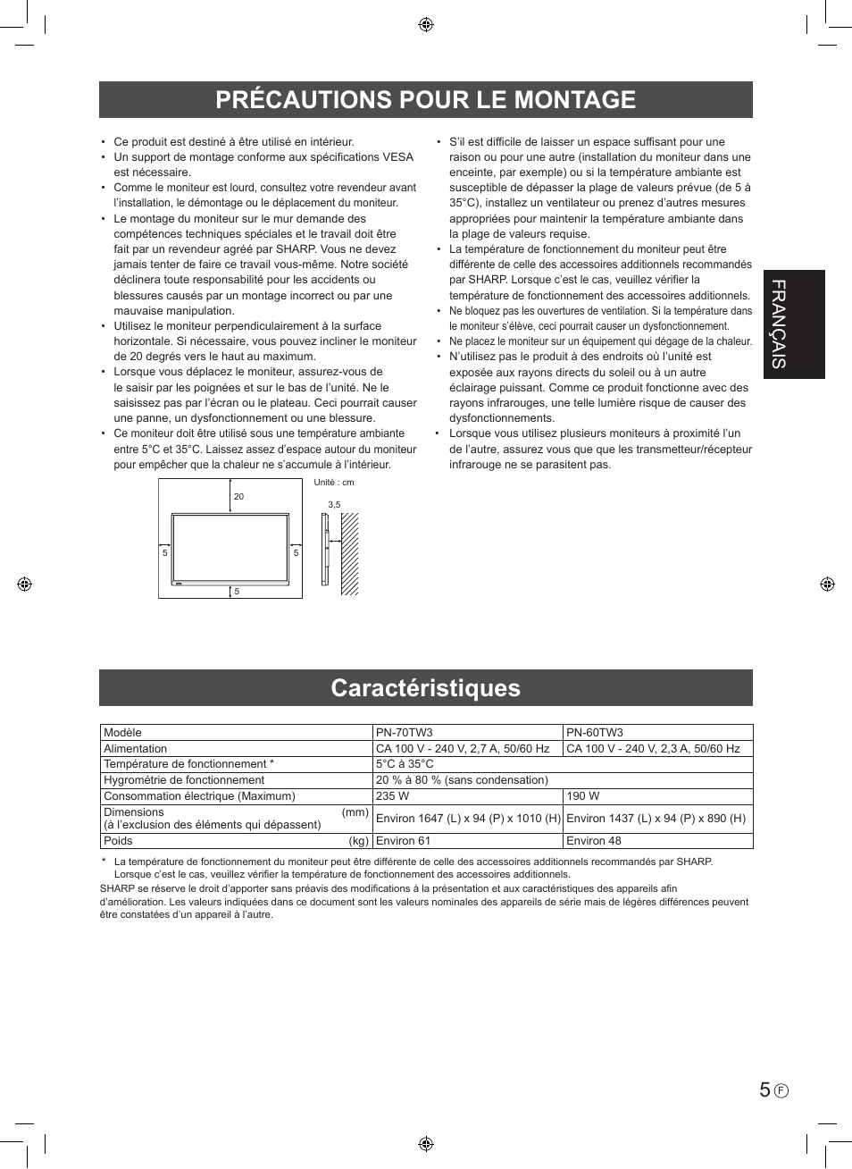 Précautions pour le montage, Caractéristiques, Français | Sharp PN-60TW3 User Manual | Page 17 / 56