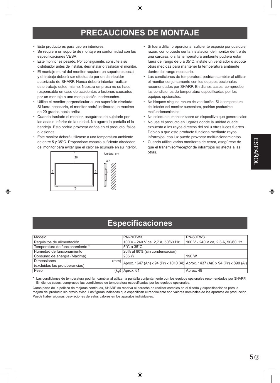 Precauciones de montaje, Especificaciones, Esp añol | Sharp PN-60TW3 User Manual | Page 27 / 56