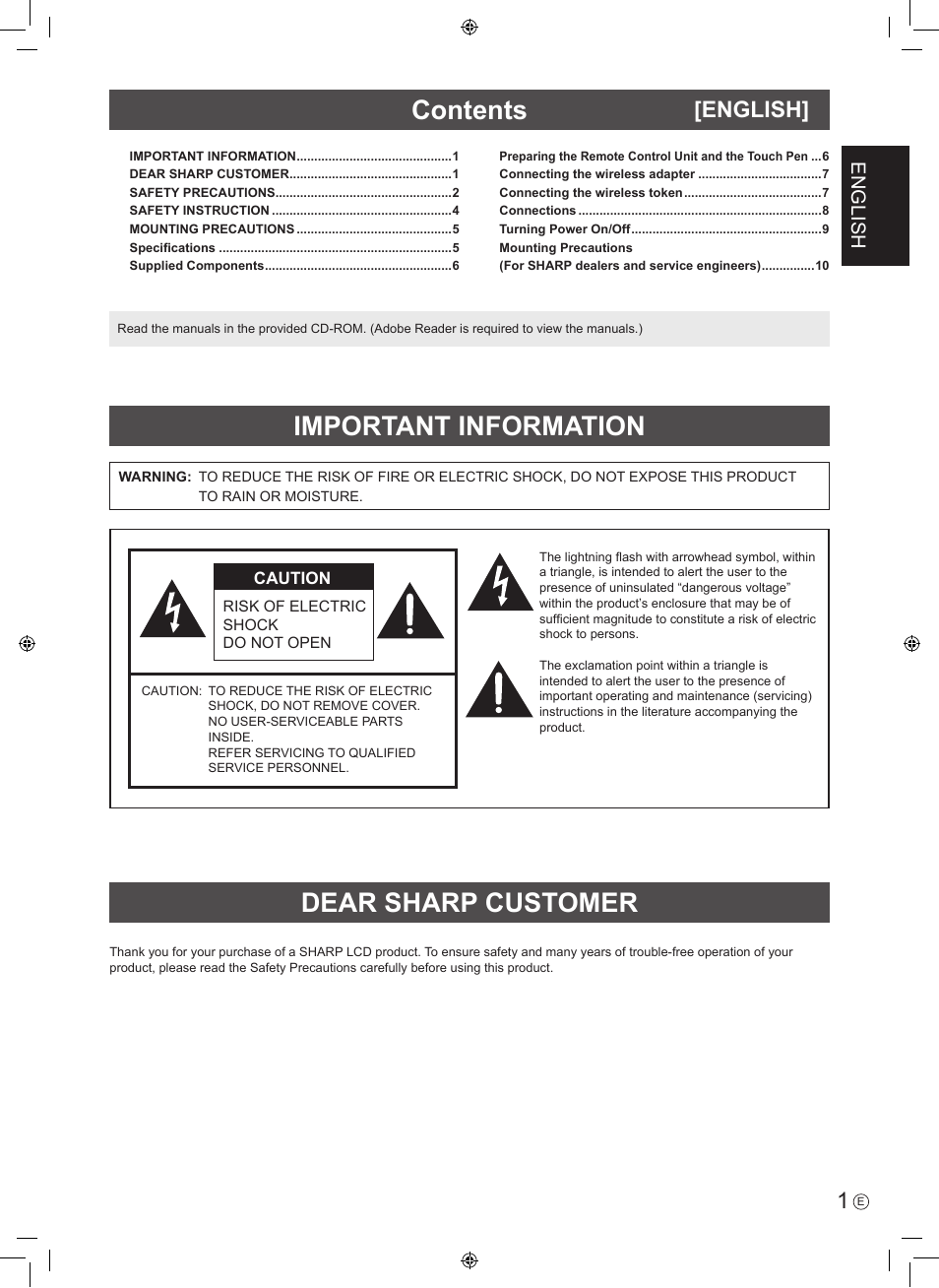 Dear sharp customer important information contents, English | Sharp PN-60TW3 User Manual | Page 3 / 56