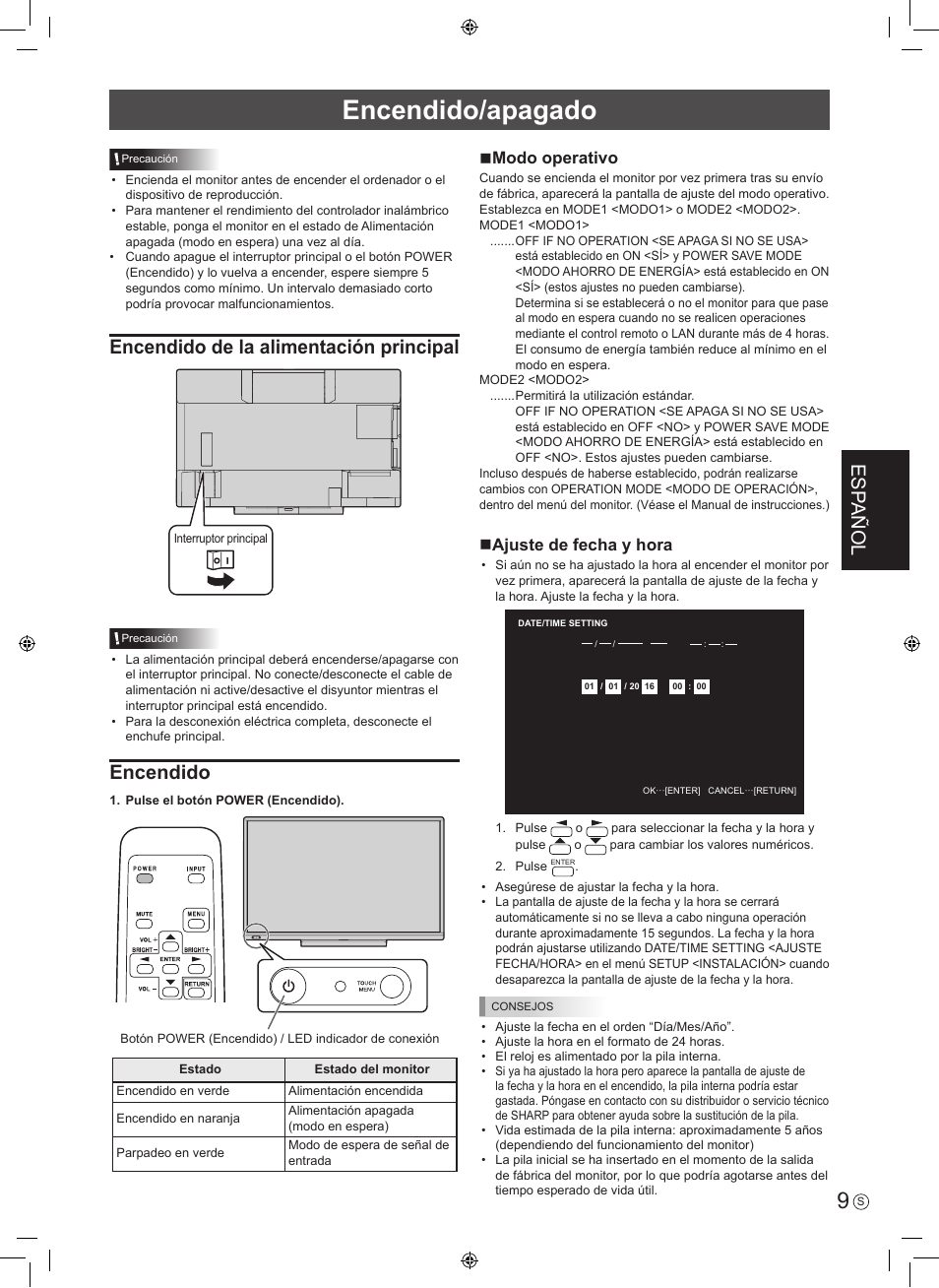 Encendido/apagado, Esp añol, Encendido de la alimentación principal | Encendido, Nmodo operativo, Najuste de fecha y hora | Sharp PN-60TW3 User Manual | Page 31 / 56