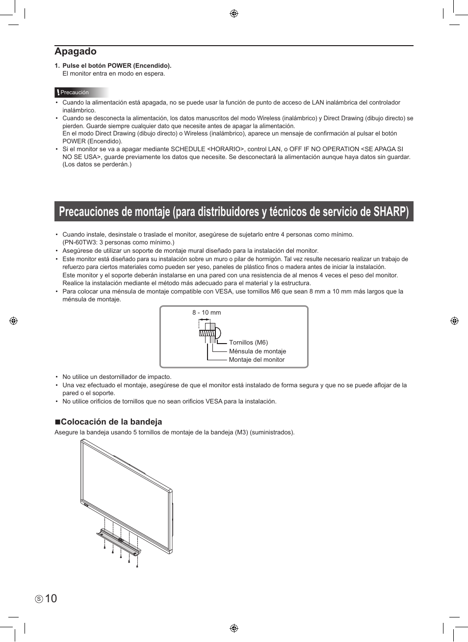 Apagado, Ncolocación de la bandeja | Sharp PN-60TW3 User Manual | Page 32 / 56