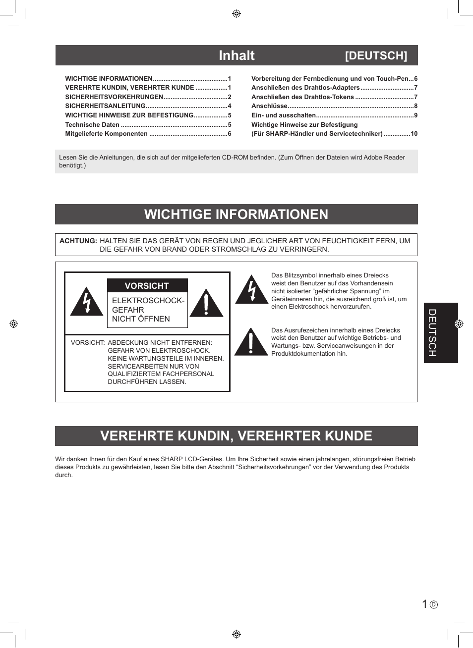 Inhalt, Deutsch | Sharp PN-60TW3 User Manual | Page 33 / 56