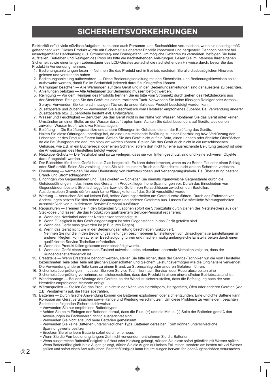 Sicherheitsvorkehrungen | Sharp PN-60TW3 User Manual | Page 34 / 56