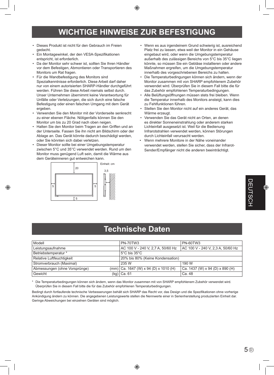 Wichtige hinweise zur befestigung technische daten, Deutsch | Sharp PN-60TW3 User Manual | Page 37 / 56