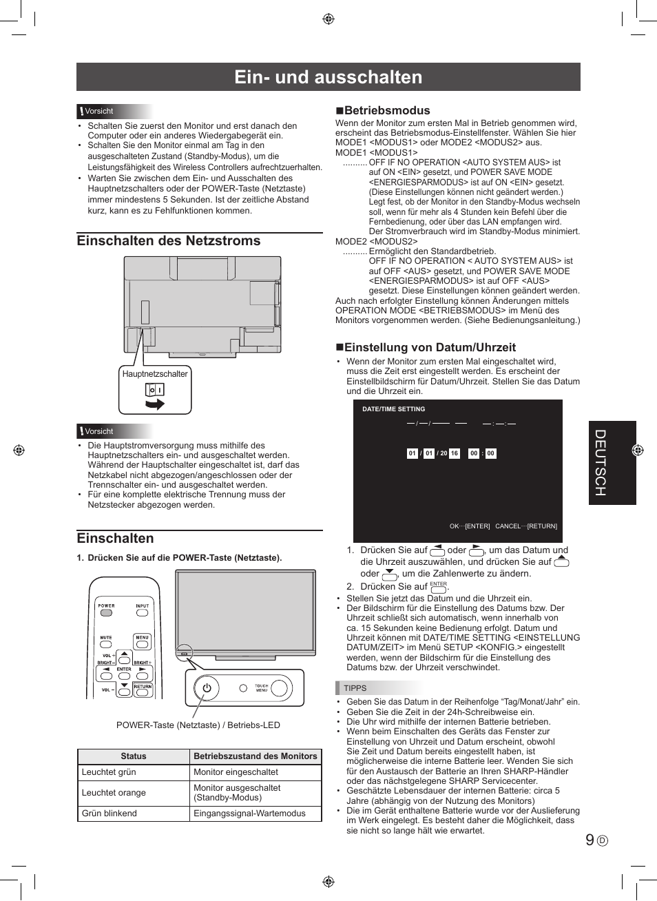 Ein- und ausschalten, Deutsch, Einschalten des netzstroms | Einschalten, Nbetriebsmodus, Neinstellung von datum/uhrzeit | Sharp PN-60TW3 User Manual | Page 41 / 56