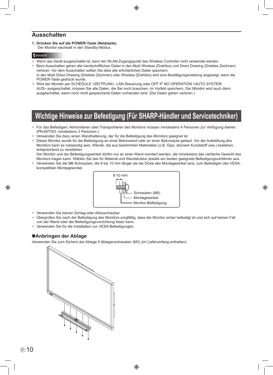 Ausschalten, Nanbringen der ablage | Sharp PN-60TW3 User Manual | Page 42 / 56