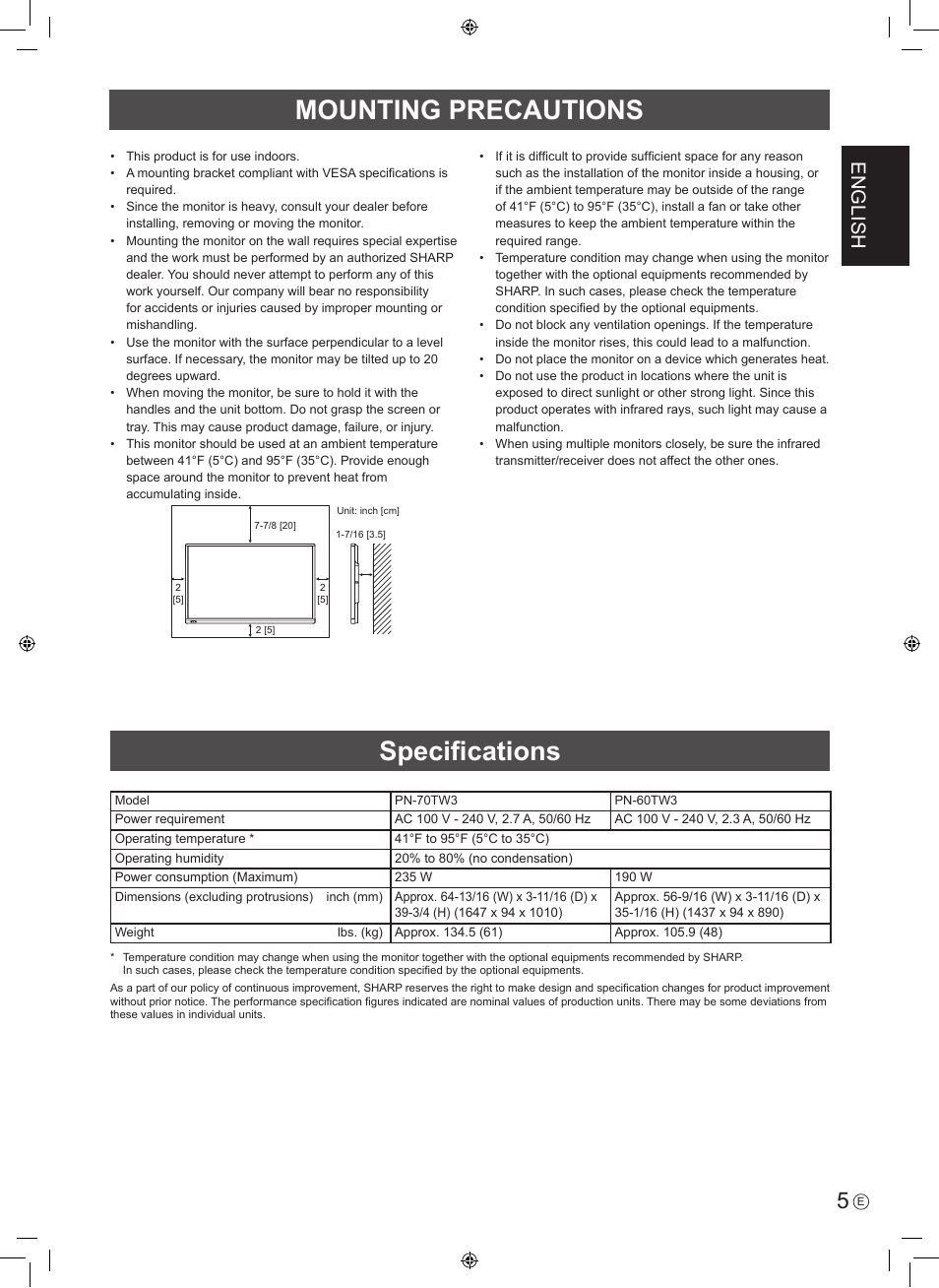 Mounting precautions, Specifications, English | Sharp PN-60TW3 User Manual | Page 7 / 56