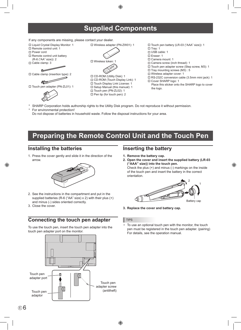 Installing the batteries, Connecting the touch pen adapter, Inserting the battery | Sharp PN-60TW3 User Manual | Page 8 / 56