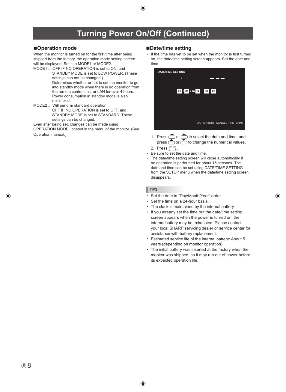 Turning power on/off (continued), Noperation mode, Ndate/time setting | Sharp PN-60TA3 User Manual | Page 10 / 56