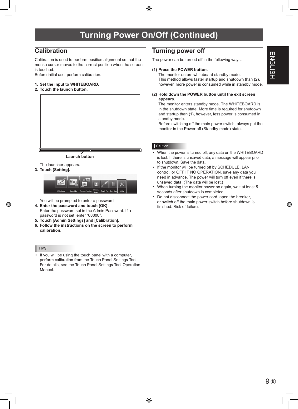 Turning power on/off (continued), English calibration, Turning power off | Sharp PN-60TA3 User Manual | Page 11 / 56