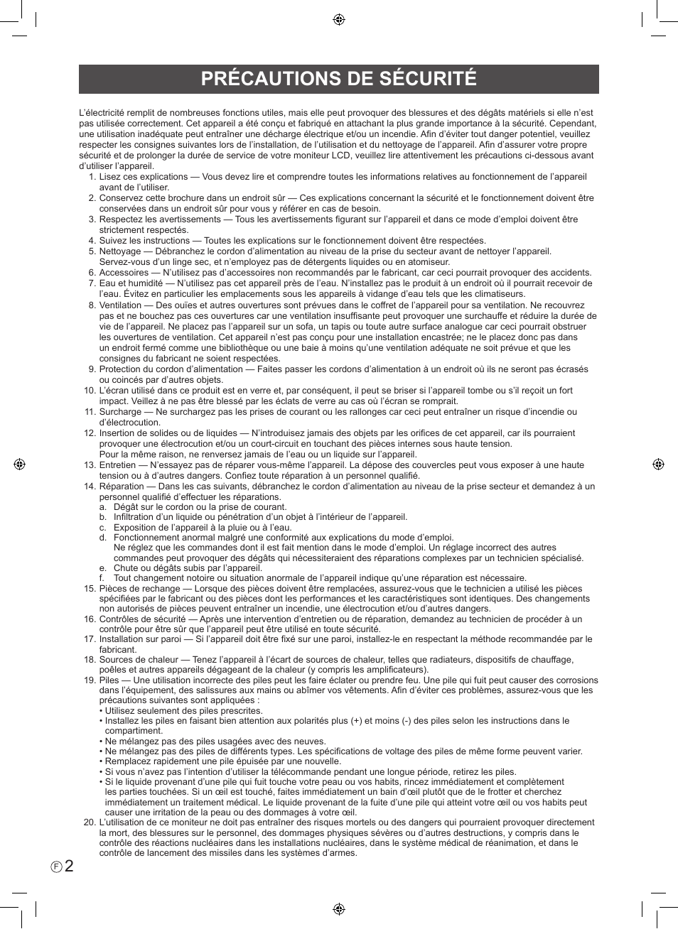 Précautions de sécurité | Sharp PN-60TA3 User Manual | Page 14 / 56