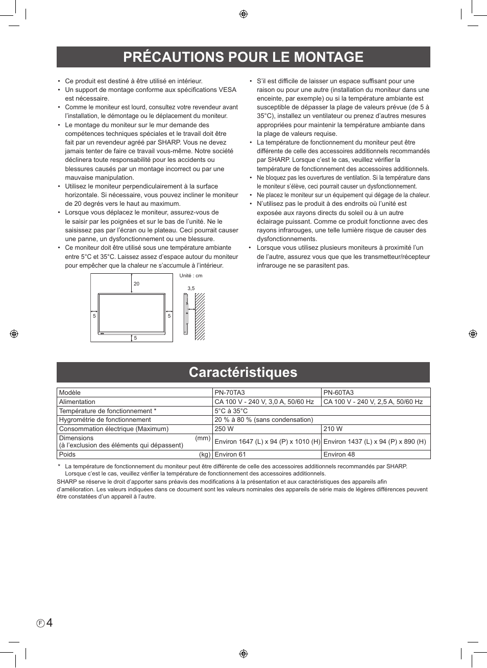 Précautions pour le montage, Caractéristiques | Sharp PN-60TA3 User Manual | Page 16 / 56