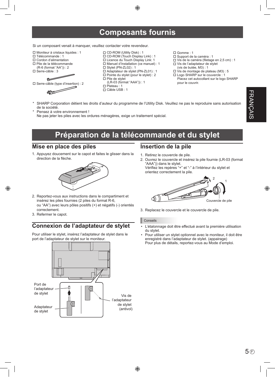 Composants fournis, Préparation de la télécommande et du stylet, Français | Mise en place des piles, Connexion de l’adaptateur de stylet, Insertion de la pile | Sharp PN-60TA3 User Manual | Page 17 / 56