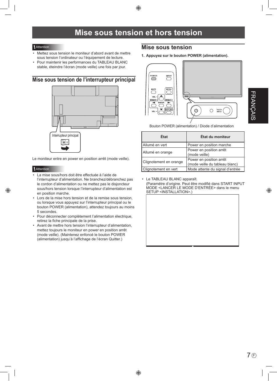 Mise sous tension et hors tension, Français, Mise sous tension de l’interrupteur principal | Mise sous tension | Sharp PN-60TA3 User Manual | Page 19 / 56