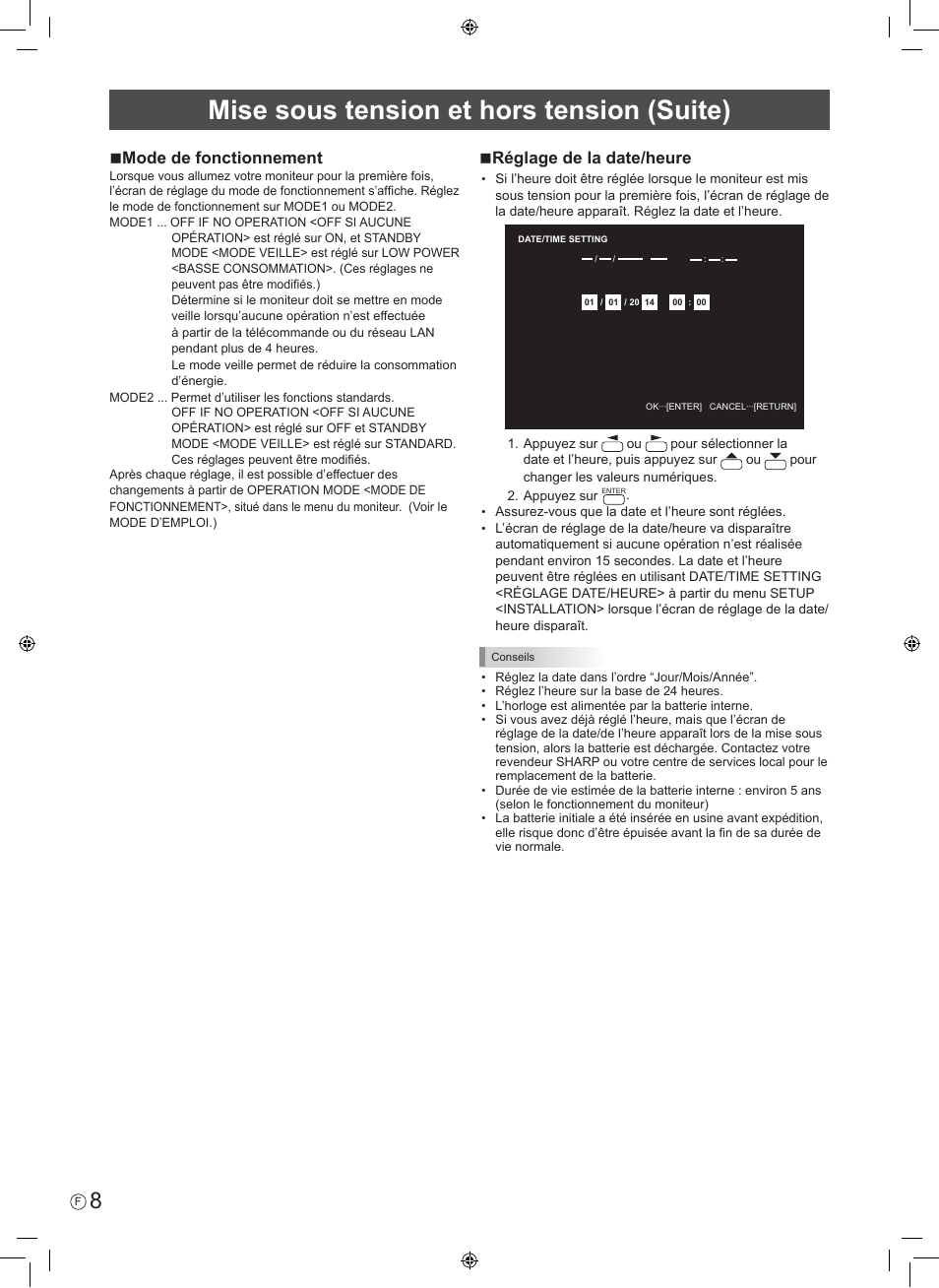 Mise sous tension et hors tension (suite), Nmode de fonctionnement, Nréglage de la date/heure | Sharp PN-60TA3 User Manual | Page 20 / 56