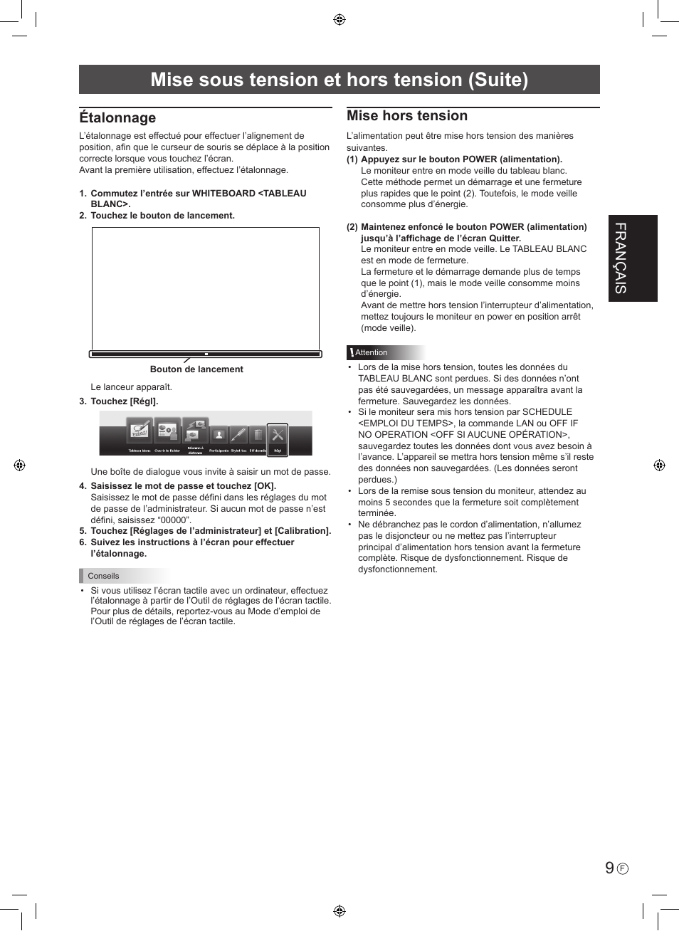 Mise sous tension et hors tension (suite), Français, Étalonnage | Mise hors tension | Sharp PN-60TA3 User Manual | Page 21 / 56