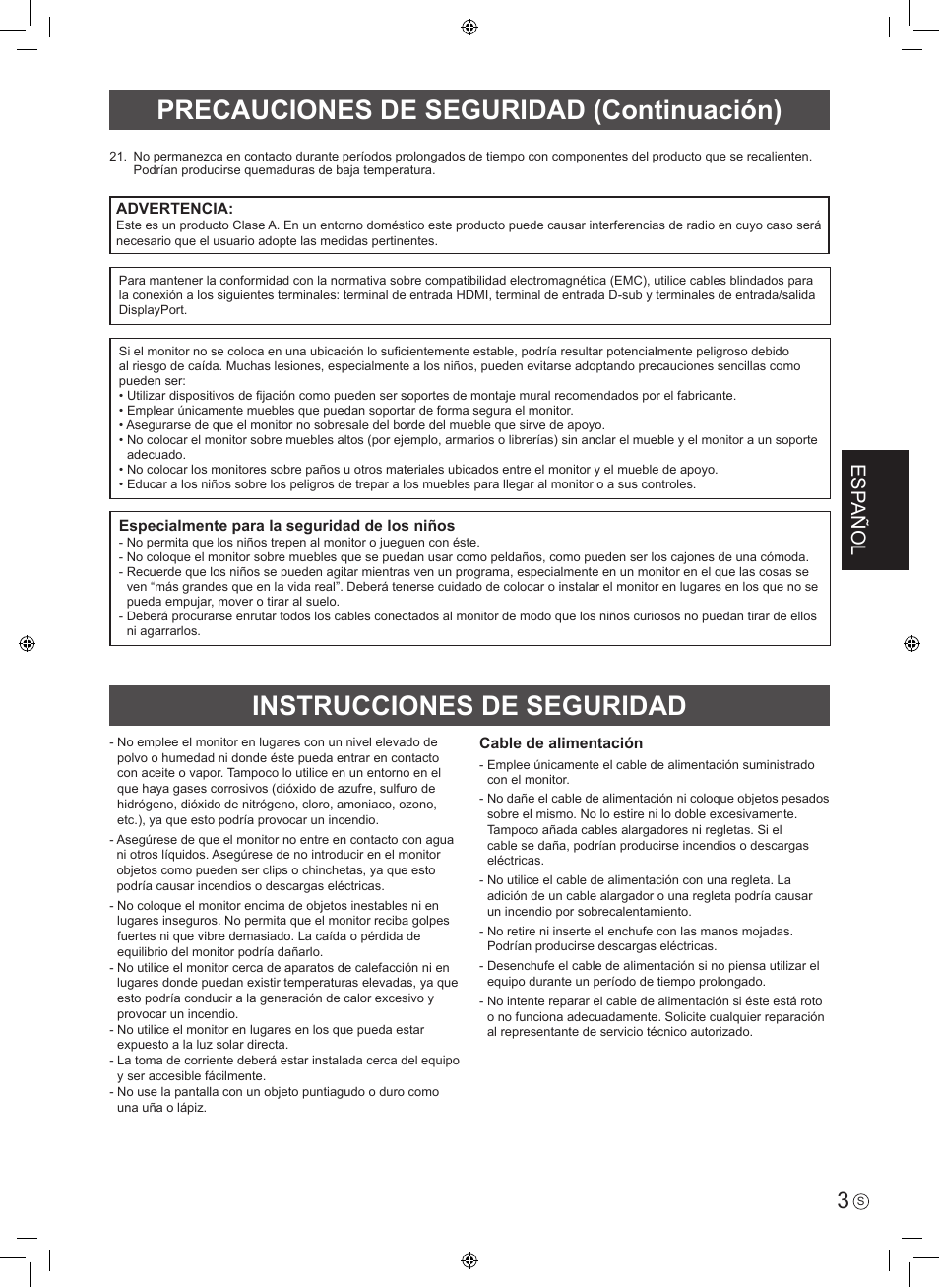 Instrucciones de seguridad, Precauciones de seguridad (continuación), Esp añol | Sharp PN-60TA3 User Manual | Page 25 / 56