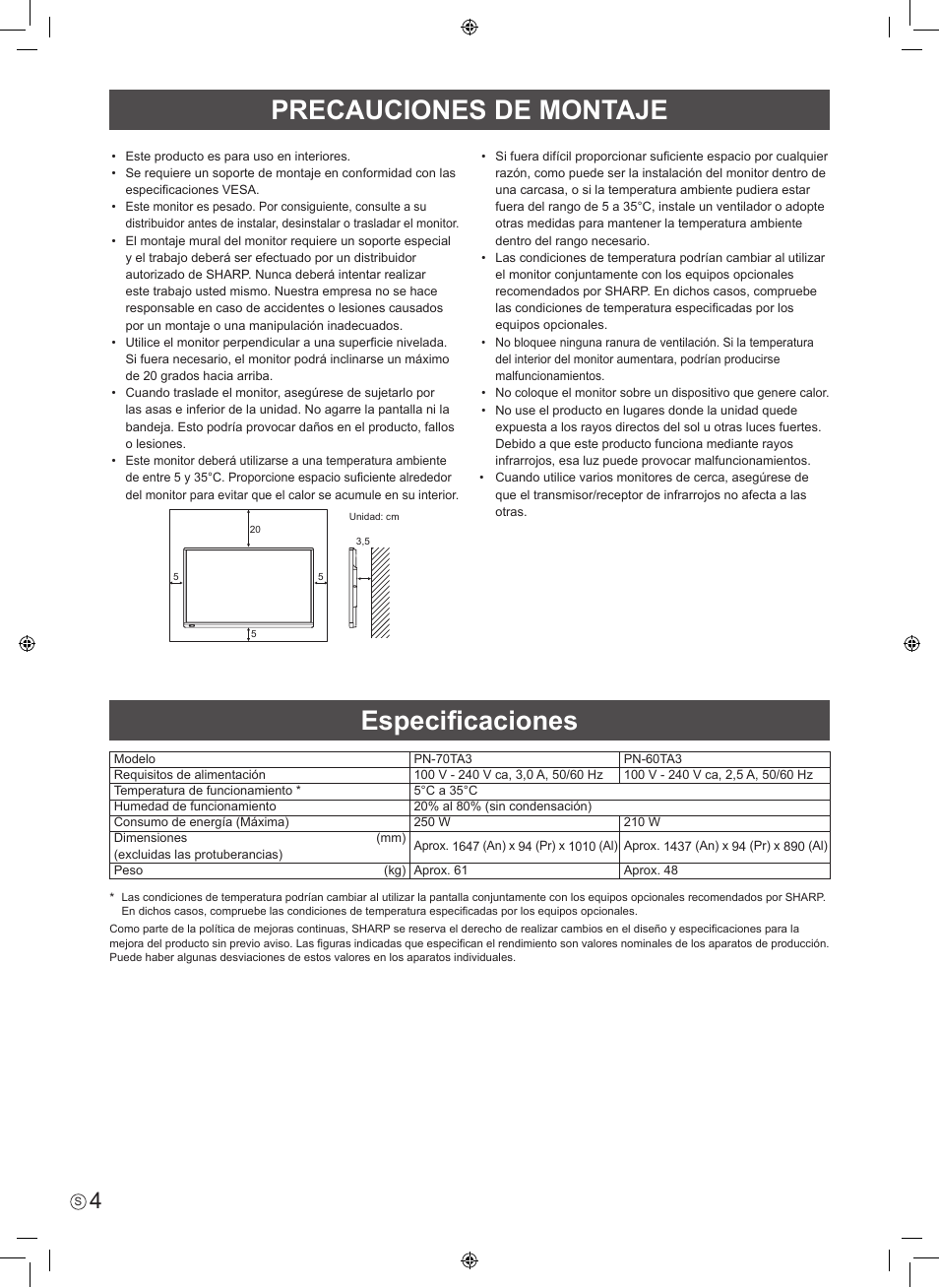 Precauciones de montaje, Especificaciones | Sharp PN-60TA3 User Manual | Page 26 / 56