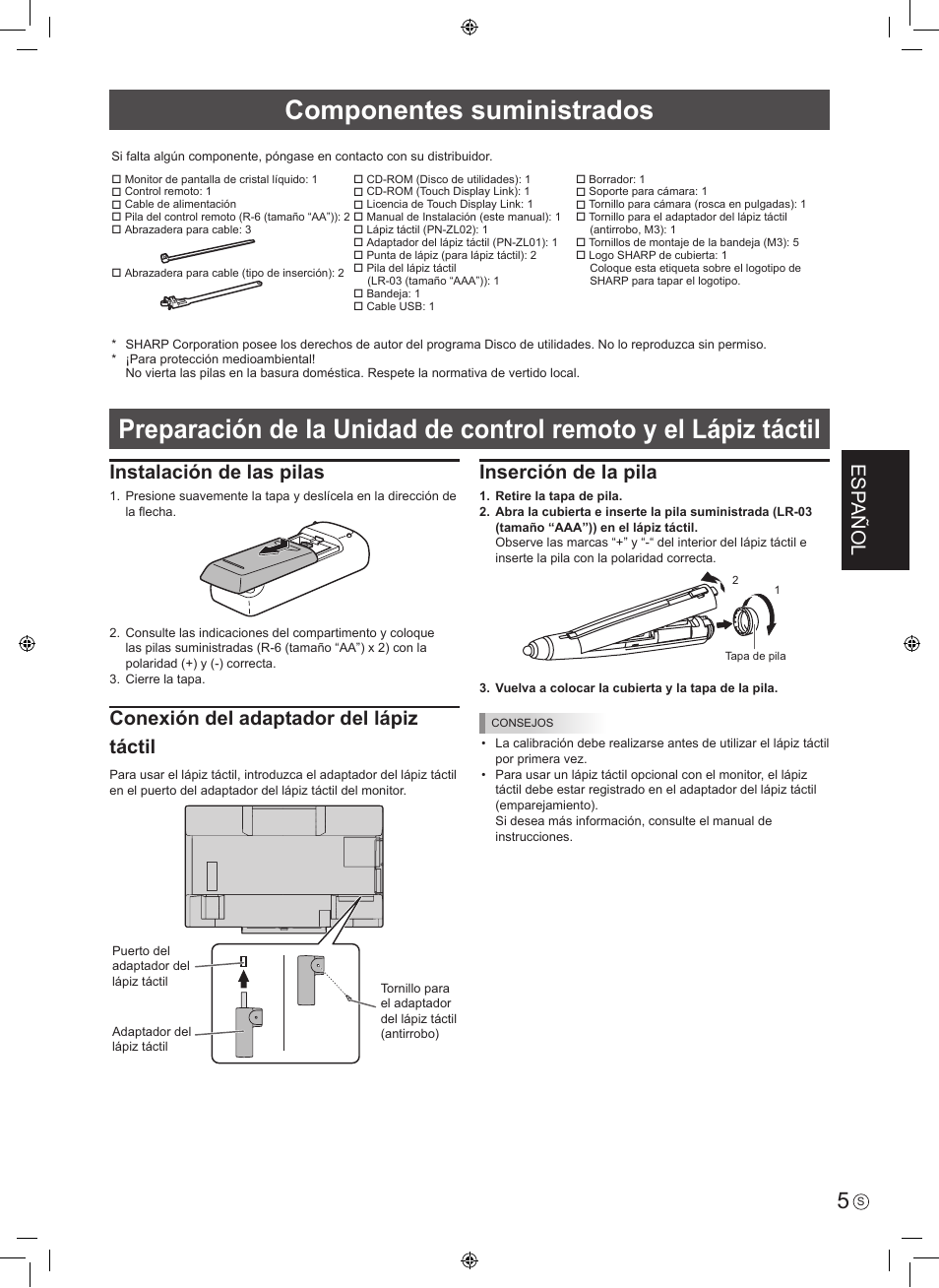 Componentes suministrados, Esp añol, Instalación de las pilas | Conexión del adaptador del lápiz táctil, Inserción de la pila | Sharp PN-60TA3 User Manual | Page 27 / 56