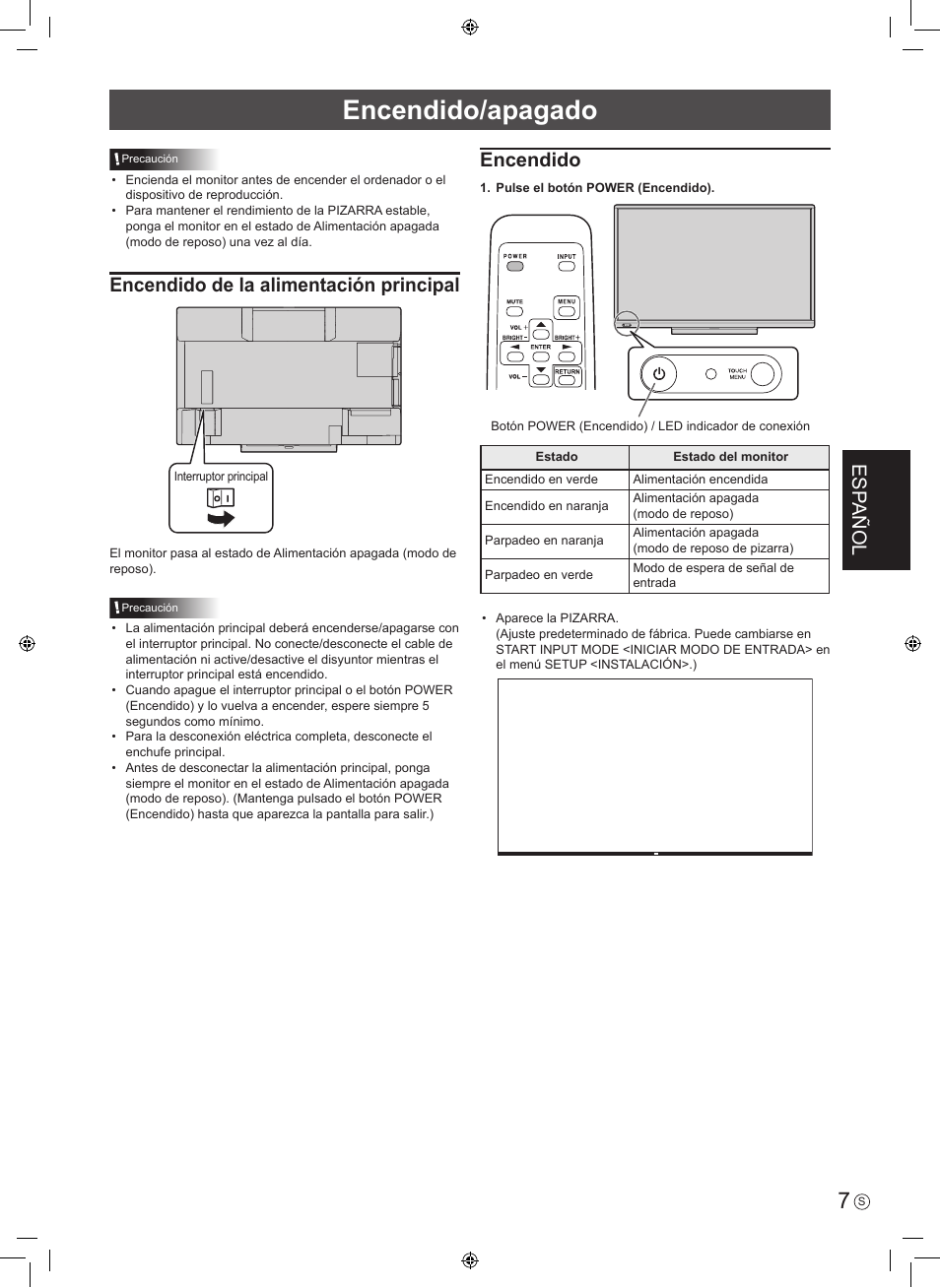 Encendido/apagado, Esp añol, Encendido de la alimentación principal | Encendido | Sharp PN-60TA3 User Manual | Page 29 / 56