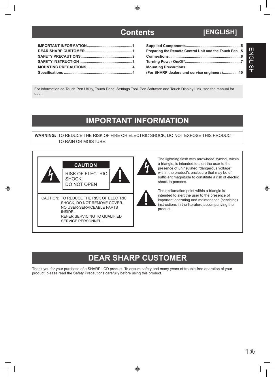 Dear sharp customer important information contents, English | Sharp PN-60TA3 User Manual | Page 3 / 56