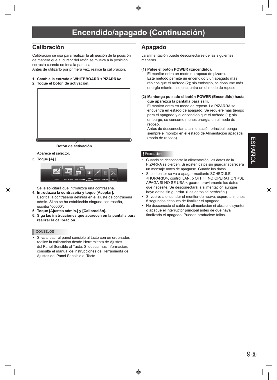 Encendido/apagado (continuación), Esp añol, Calibración | Apagado | Sharp PN-60TA3 User Manual | Page 31 / 56