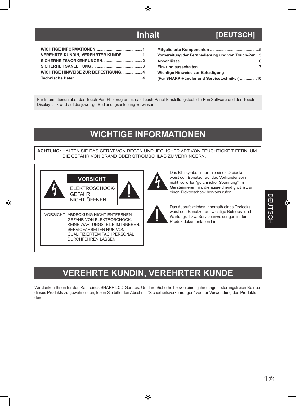 Inhalt, Deutsch | Sharp PN-60TA3 User Manual | Page 33 / 56