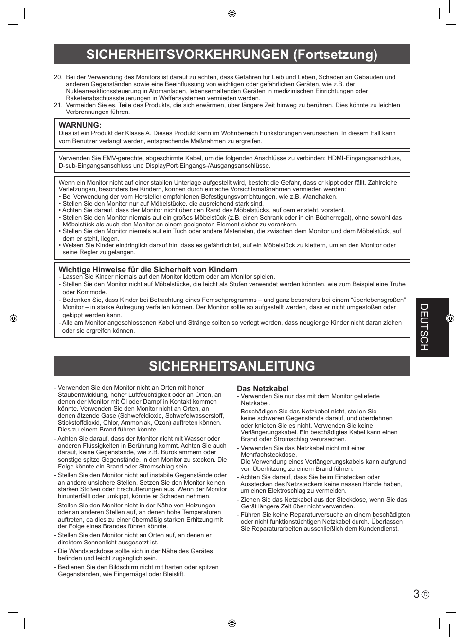 Sicherheitsvorkehrungen (fortsetzung), Sicherheitsanleitung, Deutsch | Sharp PN-60TA3 User Manual | Page 35 / 56