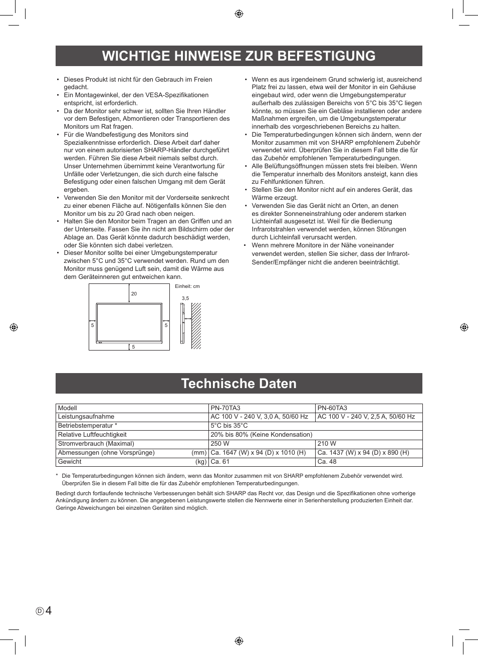 Wichtige hinweise zur befestigung technische daten | Sharp PN-60TA3 User Manual | Page 36 / 56