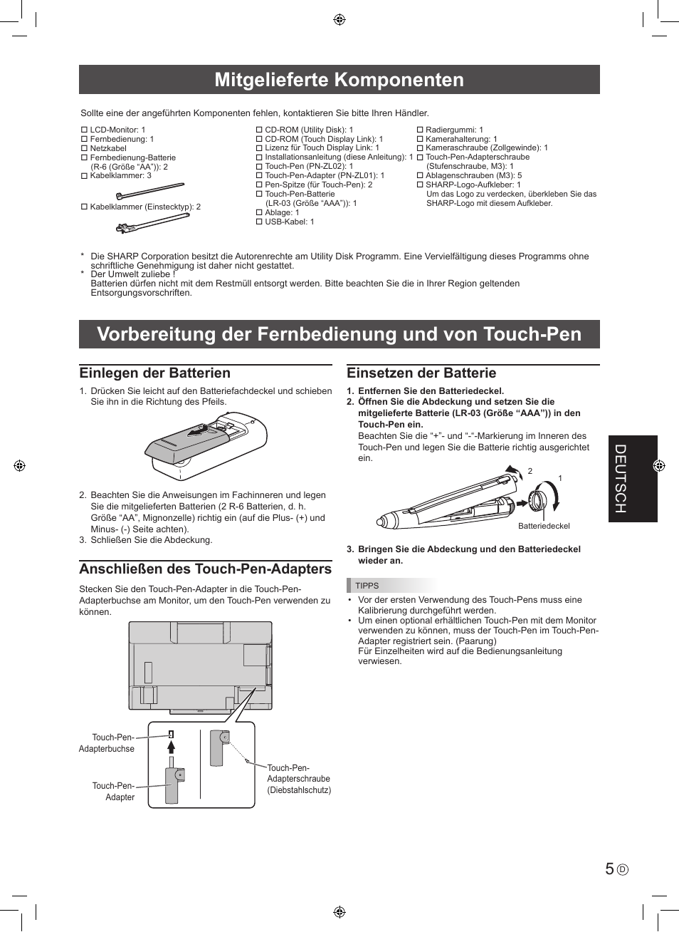 Deutsch, Einlegen der batterien, Anschließen des touch-pen-adapters | Einsetzen der batterie | Sharp PN-60TA3 User Manual | Page 37 / 56