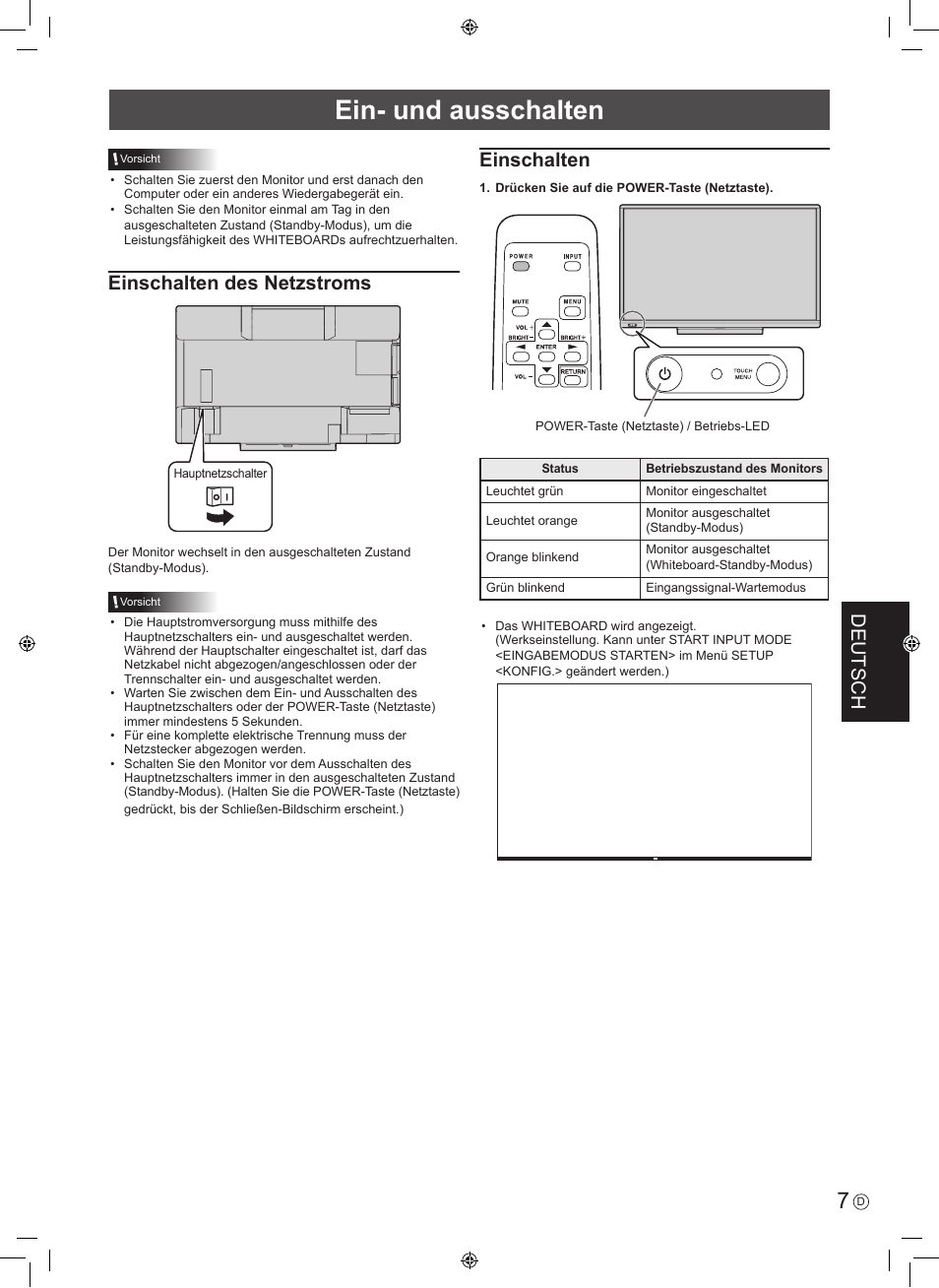 Ein- und ausschalten, Deutsch, Einschalten des netzstroms | Einschalten | Sharp PN-60TA3 User Manual | Page 39 / 56