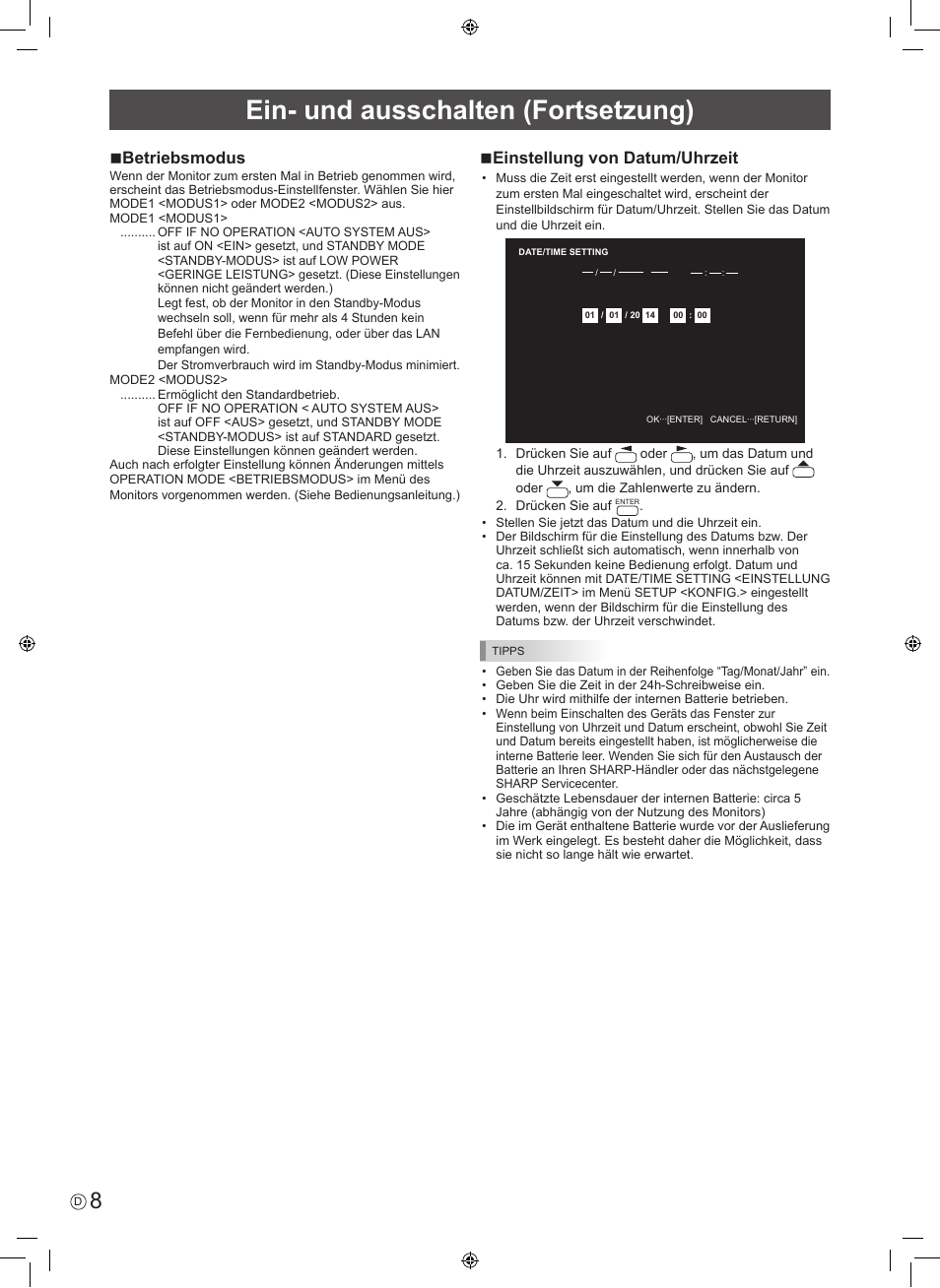 Ein- und ausschalten (fortsetzung), Nbetriebsmodus, Neinstellung von datum/uhrzeit | Sharp PN-60TA3 User Manual | Page 40 / 56