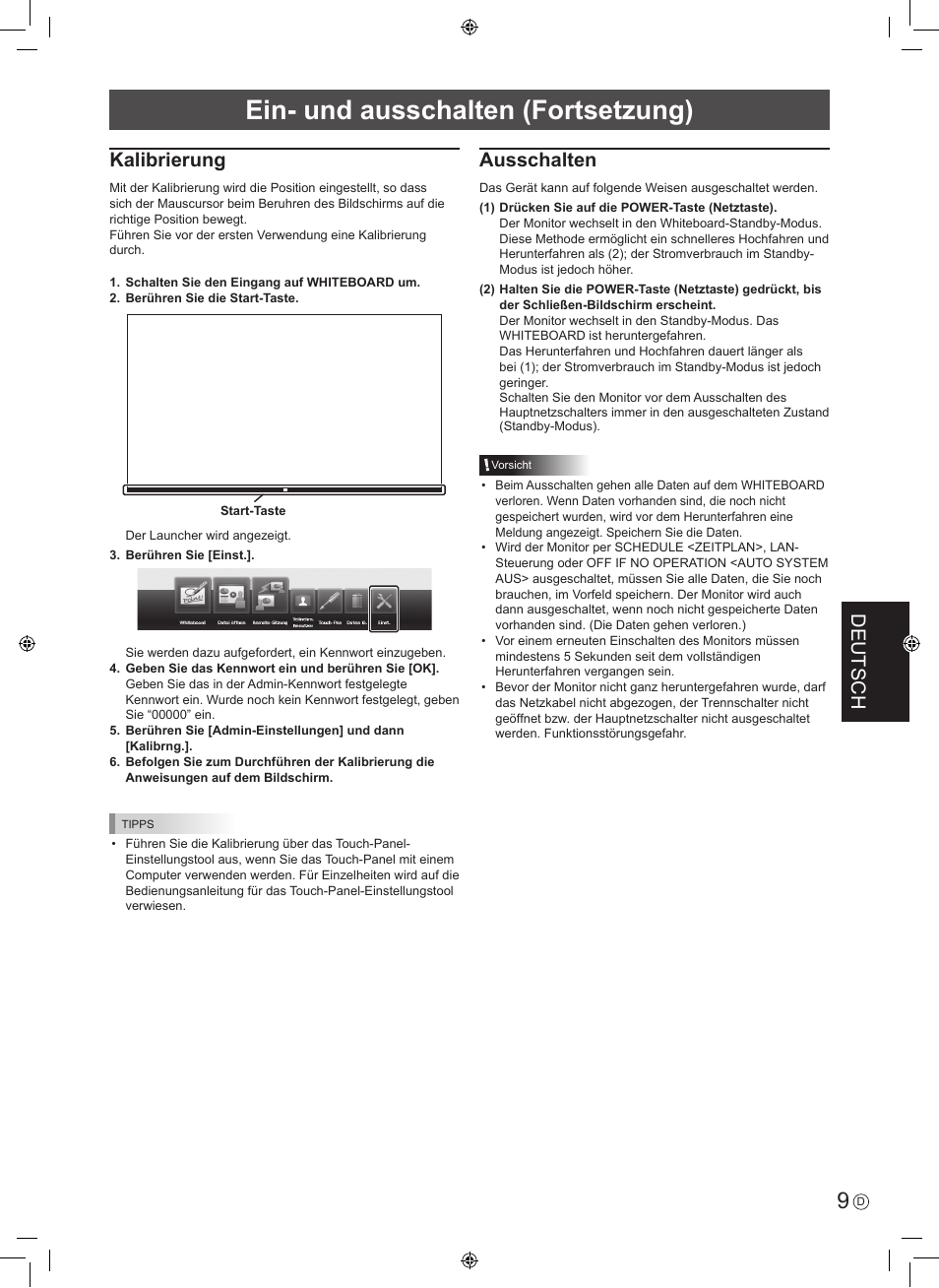 Ein- und ausschalten (fortsetzung), Deutsch, Kalibrierung | Ausschalten | Sharp PN-60TA3 User Manual | Page 41 / 56