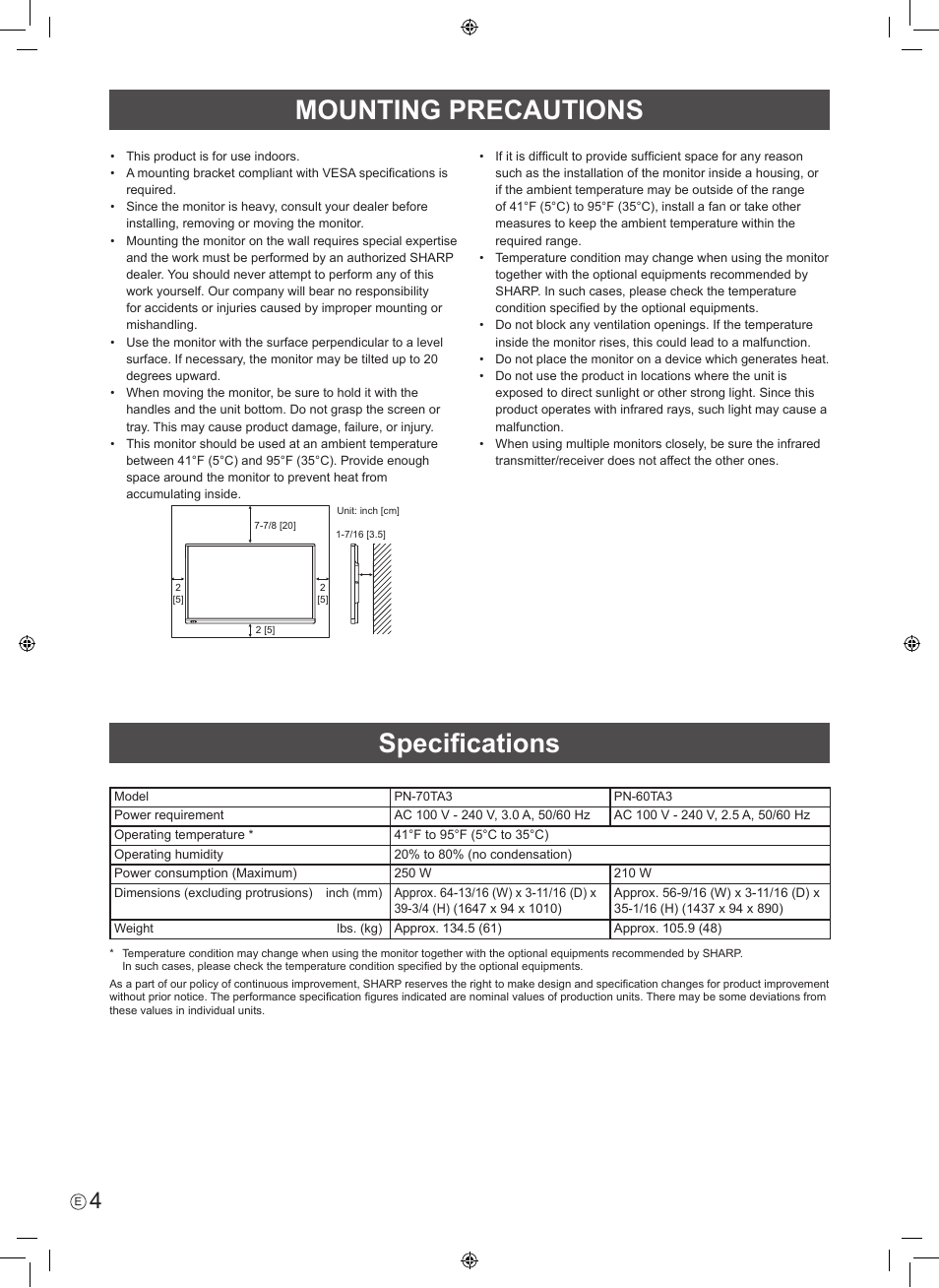 Mounting precautions, Specifications | Sharp PN-60TA3 User Manual | Page 6 / 56