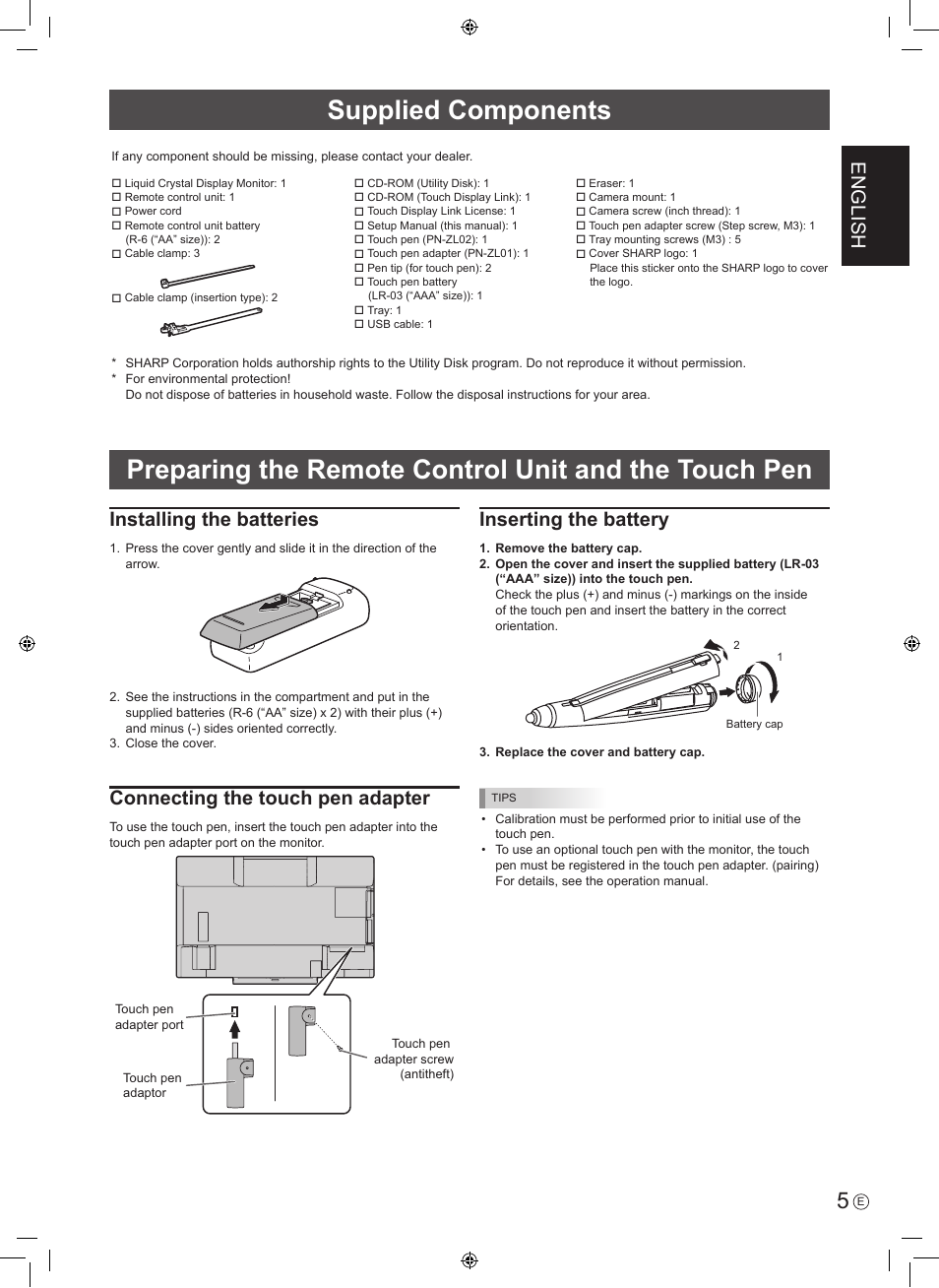 Supplied components, English, Installing the batteries | Connecting the touch pen adapter, Inserting the battery | Sharp PN-60TA3 User Manual | Page 7 / 56