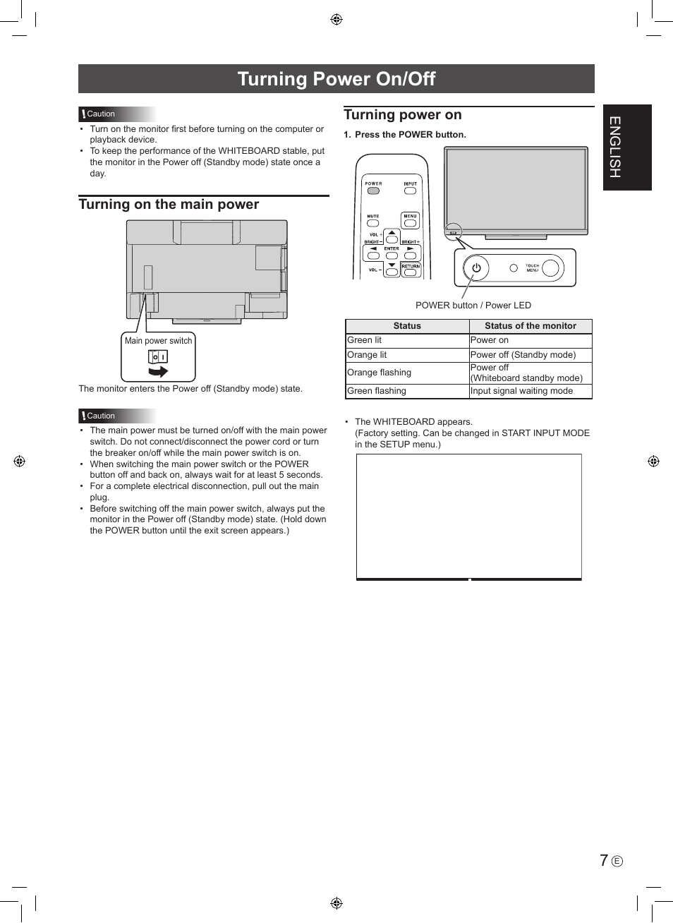 Turning power on/off, English, Turning on the main power | Turning power on | Sharp PN-60TA3 User Manual | Page 9 / 56